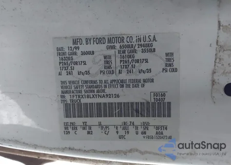 2000 Ford F-150 Lariat/Work Series/Xl/Xlt from USA, damaged, VIN 1FTRX18LXYNA92126